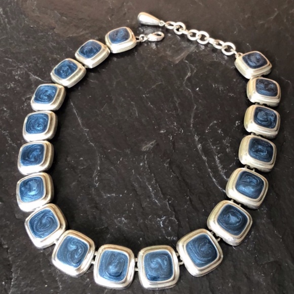Vintage 1970’s Chunky Silver and Blue Necklace Adjustable 16”- 19” - Picture 1 of 7